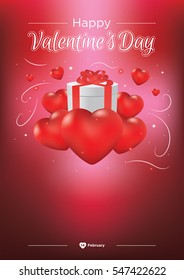 Happy Valentines Day - hearts and gift on red background