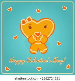 Happy Valentine's Day! Hearts, Gingerbread Man, Gingerbread Girl, Gingerbread, Retro Style, Valentine's Day