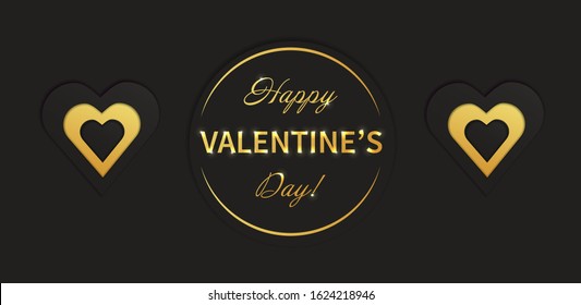 "Happy Valentine's day!" with hearts. Greetings for card, postcard, banner, tag. Gold and black celebration vector illustration.