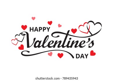 Happy Valentines Day with hearts and handwritten lettering isolated on white background. Designs backdrop for greeting card,invitation card, poster. Vector Illustration.