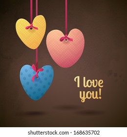 Happy Valentine's Day! Hearts hang on pink ribbons. Retro paper vector background with shadow. Patterns on hearts