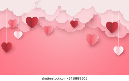 happy valentine's day with hearts hang clouds on pink background. banner valentine love romantic place for text. vector illustration paper cut design. 