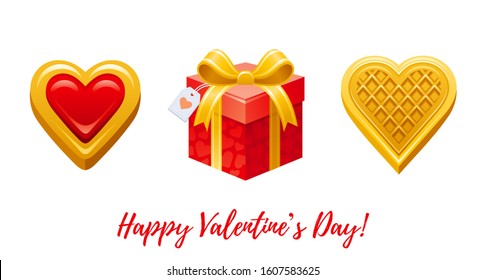 Happy Valentine's day hearts icon set. Cartoon heart banner. Red Valentine day collection, 3d realistic style. Vector illustration isolated on white background. Biscuit cookies, gift box, wafer