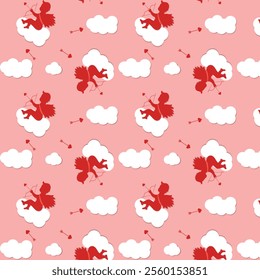 Happy Valentine's Day hearts love red with cupids background seamless pattern	