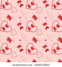 Happy Valentine's Day hearts love red with cupids background seamless pattern	