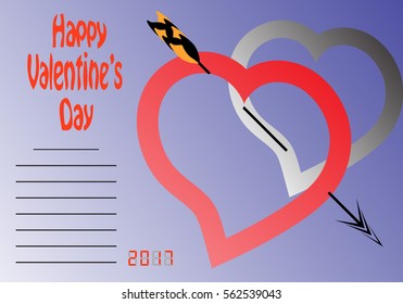 Happy Valentine's Day. Hearts and place for text. Clouds, ribbon, heart. Poster design. Vintage style . Vector illustration