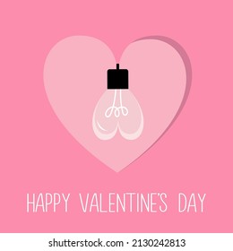 Happy Valentines Day. Hearts shape glowing garland element. Glass lamp. Valentine light bulb hanging in heart. Idea Love sign symbol. Flat design. Pink background. Isolated. Vector illustration