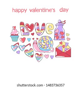 Happy Valentine's Day. Hearts. Snail. Cupcakes. Love. Lettering. Set. Isolated vector objects on a white background.