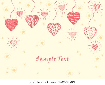 Happy Valentine's day. Hearts and stars. Hand drawn doodle hearts and stars. Holiday card template with glittering hearts, stars - vector illustration