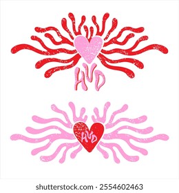 Happy Valentine's Day hearts templates, linocut relief printing illustrations. Surreal groovy graphic design element. Textured heart with fluid organic bold lines, blob shape wavy rounded sprouts.