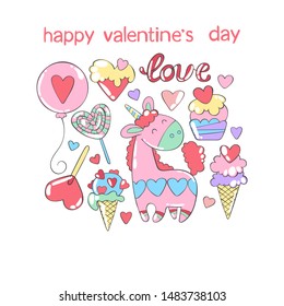 Happy Valentine's Day. Hearts. Unicorn. Balloon. Ice cream and cupcakes. Sweets. Lettering. Set. Isolated vector objects on a white background.