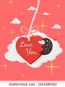 Happy Valentine's Day with hedgehog hugging heart balloon, Valentines Day background with Cute hedgehog , Valentine card and poster