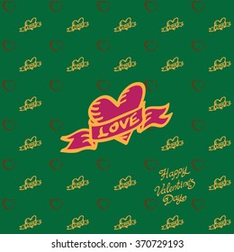 Happy Valentines Day hipster oldschool vintage seamless green background with small hearts and big heart with ribbon and letters LOVE