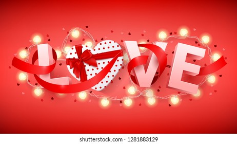 Happy Valentine's Day holiday background. Vector illustration with 3d letters and gift box, confetti, glowing garland with bulbs in the shape of hearts. Holiday greeting card.