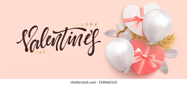 Happy Valentines Day. Holiday background, realistic design objects. gift box heart shape, air helium balloons. metal hollow heart, decorative branches. white pink color. greeting card, banner, poster