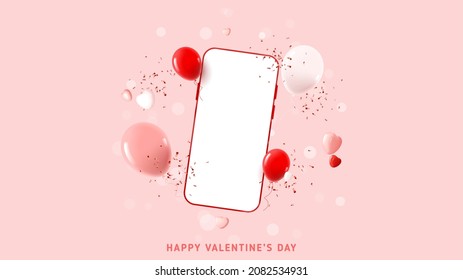 Happy Valentine's Day holiday background. Greeting design with abstract 3d composition for Valentine's Day. Vector illustration with smartphone, hearts, balloons and confetti. Holiday mockup.