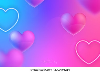 Happy Valentines Day holiday background. Blue and pink glowing hanging neon hearts. Flying colorful balloons with neon light reflection.