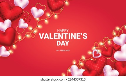 Happy valentines day holiday background with glowing bulbs in the shape of hearts