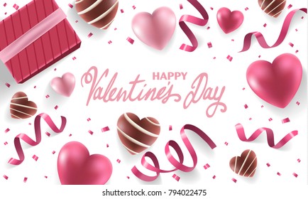 Happy Valentines Day Holiday Background Illustration. Pink Hearts With Ribbons, Confetti And Handwritten Text On White Background With Chocolate Candies.