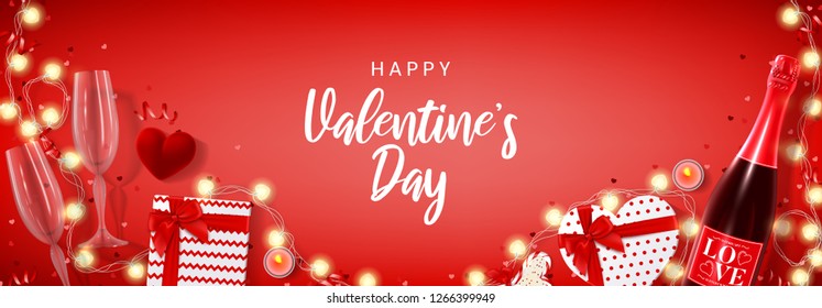 Happy Valentine's Day holiday banner. Vector illustration with top view on realistic bottle of champagne, gift boxes, glasses of champagne, lollipop, ring box, candles and garlands with hearts.