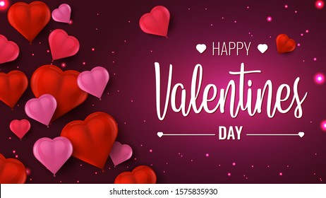 Happy Valentine's Day holiday banner. Vector illustration with 3d red and pink air balloons. Can be used for Wallpaper, flyers, greeting card, invitation, posters, brochure, banners