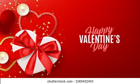 Happy Valentine's Day holiday banner. Vector illustration with white gift box, ring box, candles and confetti on red background. Promo discount banner.