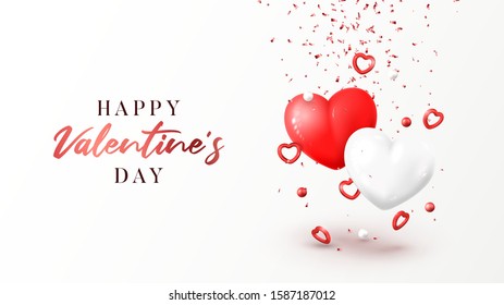 Happy Valentine's Day holiday banner. Vector illustration with realistic flying red and white hearts, balls and confetti on white background. Festive greeting card, horizontal poster.