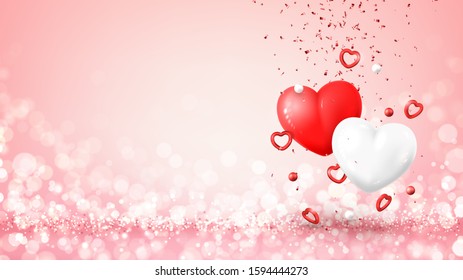 Happy Valentine's Day holiday banner. Vector illustration with realistic flying red and white hearts, balls and confetti on bright pink background with effect bokeh. Festive greeting card.