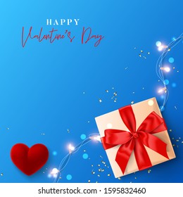 Happy Valentine's Day holiday banner. Vector illustration with realistic gift box, sparkling light garland, ring box and confetti on blue background. Festive gift card.