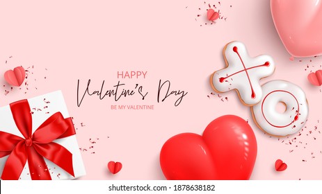 Happy Valentine's Day Holiday Banner. Holiday Background With Realistic XO Cookies, Paper Hearts, Gift Box, Balloons And Confetti. Vector Illustration With 3d Decorative Object For Valentine's Day.