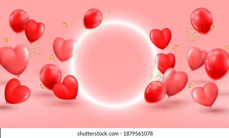 Feliz Día de San Valentín. Círculo neón, globos rojos y rosados realistas, corazones dorados y confeti sobre fondo rosado. Ilustración vectorial con objetos decorativos 3d para el Día de San Valentín.