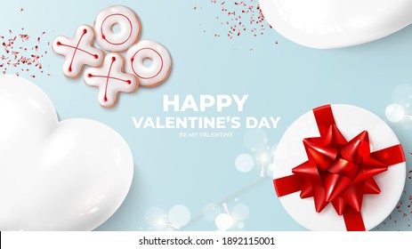 Happy Valentine's Day holiday banner. Holiday background with realistic XO cookies, gift box, light garland, balloons and confetti. Vector illustration with 3d decorative object for Valentine's Day.