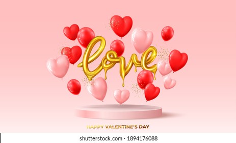 Banner de feliz feriado do Dia dos Namorados. Ouro realista pingando palavra amor, balões vermelhos e rosa e confetes dourados no pódio rosa. Ilustração vetorial com objetos decorativos 3D para o Dia dos Namorados.