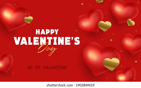 Feliz Día de San Valentín banner con corazones rojos 3d sobre fondo rojo brillante con confeti dorado en forma de corazones con saludo caligráfico