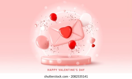 Happy Valentine's Day holiday banner. Greeting design with abstract 3d composition for Valentine's Day. Vector illustration with envelope, hearts, balloons and confetti on podium with neon circle.