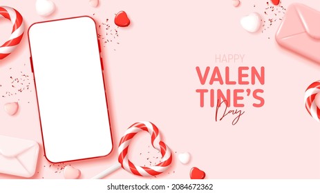Happy Valentine's Day holiday banner. Greeting design with abstract composition for Valentine's Day. Vector illustration with smartphone, lollipops, envelopes, hearts and confetti. Holiday mockup.