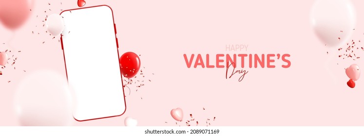 Happy Valentine's Day holiday banner. Vector illustration with smartphone, hearts, balloons and confetti. Holiday decoration design with abstract 3d composition for Valentine's Day. Holiday mockup.