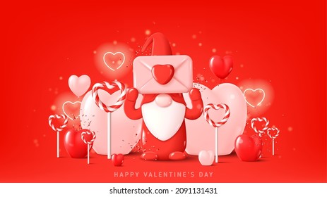 Happy Valentine's Day holiday banner. Festive background with cute gnome on red background with neon hearts, balloons, lollipops and confetti. Vector illustration with symbols of Valentine's Day.