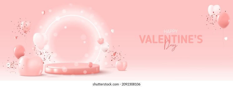 Happy Valentine's Day holiday banner. Greeting background with abstract 3d composition for Valentine's Day. Vector illustration with hearts, balloons and confetti on podium with neon circle.