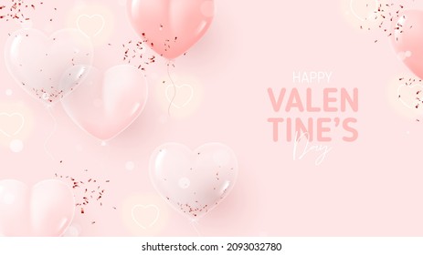 Happy Valentine's Day holiday banner. Festive background with neon hearts, pink and transparent balloons with confetti. Vector illustration with symbols of Valentine's Day.