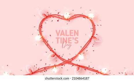 Happy Valentine's Day holiday banner. Vector illustration with sparkling garland in shape of heart and confetti. Holiday 3d composition for Valentine's Day. Festive romantic  banner.