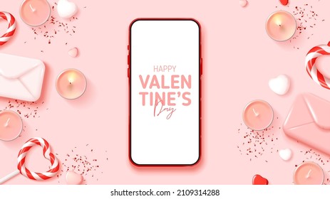 Happy Valentine's Day holiday banner. Abstract composition for Valentine's Day. Vector illustration with smartphone, lollipops, envelopes, hearts, candles and confetti. Holiday smartphone mockup.