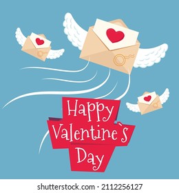 Happy Valentine's Day holiday banner. Vector illustration with envelope, angel wings, red hearts. Holiday composition for Valentine's Day. Festive card.