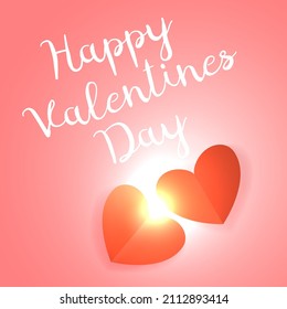 Happy Valentine's Day. Holiday banner with a pair of red connecting hearts with a bright glow in between. Conceptual illustration of love. Paper cut invitation design template. Vector illustration