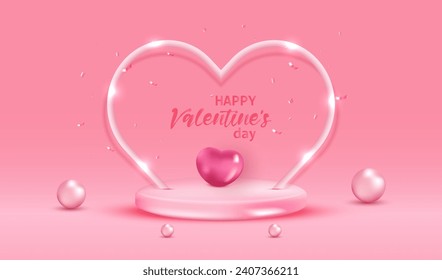 Happy Valentine's Day holiday banner vector. Greeting card background with abstract 3d stage. Illustration with balls and confetti on podium with neon heart. 14 February celebration design. 
