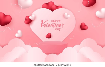 Happy Valentine's Day holiday banner vector with podium. Greeting love card background with 3d hearts. 14 February illustration with paper heart. 
