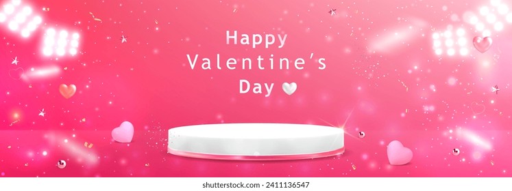 Feliz Día de San Valentín patrón de banner con estante o podio de exhibición de productos. El día de San Valentín es la mínima dulce escena de amor para presentación de productos, publicidad y negocios. EPS10 vectores.