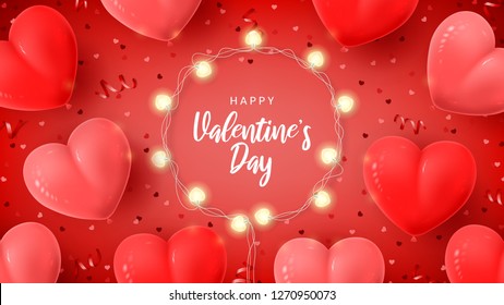 Happy Valentine's Day holiday card. Vector illustration with 3d red and pink air balloons, red serpentine and confetti, glowing garlands with bulbs in the shape of hearts.