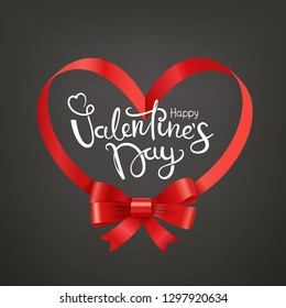 Happy Valentines day holiday card. Frame with red ribbon. Vector illustration