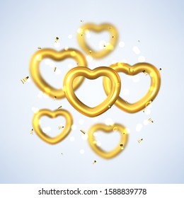 Happy Valentine's Day holiday card. Vector illustration with flying gold hearts with blur effect. Realistic golden symbols.